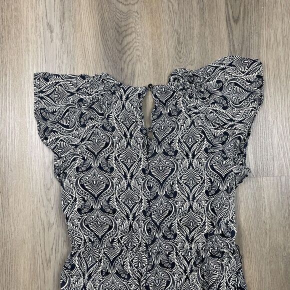 By Anthropologie Jumpsuit Womens 10 Black White Paisley Ruffle Neck Jogger Cuff - Picture 8 of 9